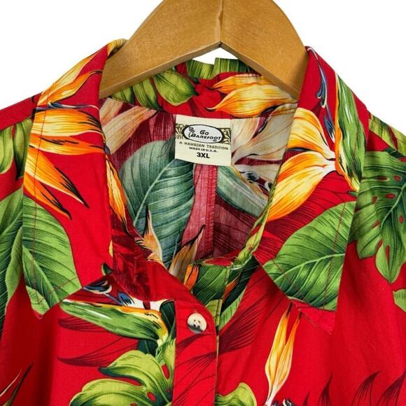 Go Barefoot Hawaiian Shirt Made In USA Red Monstera Print Single Stitch Size 3XL - Picture 5 of 16